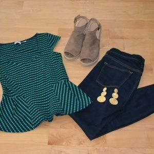 Anthropologie green and navy peplum top, size XS